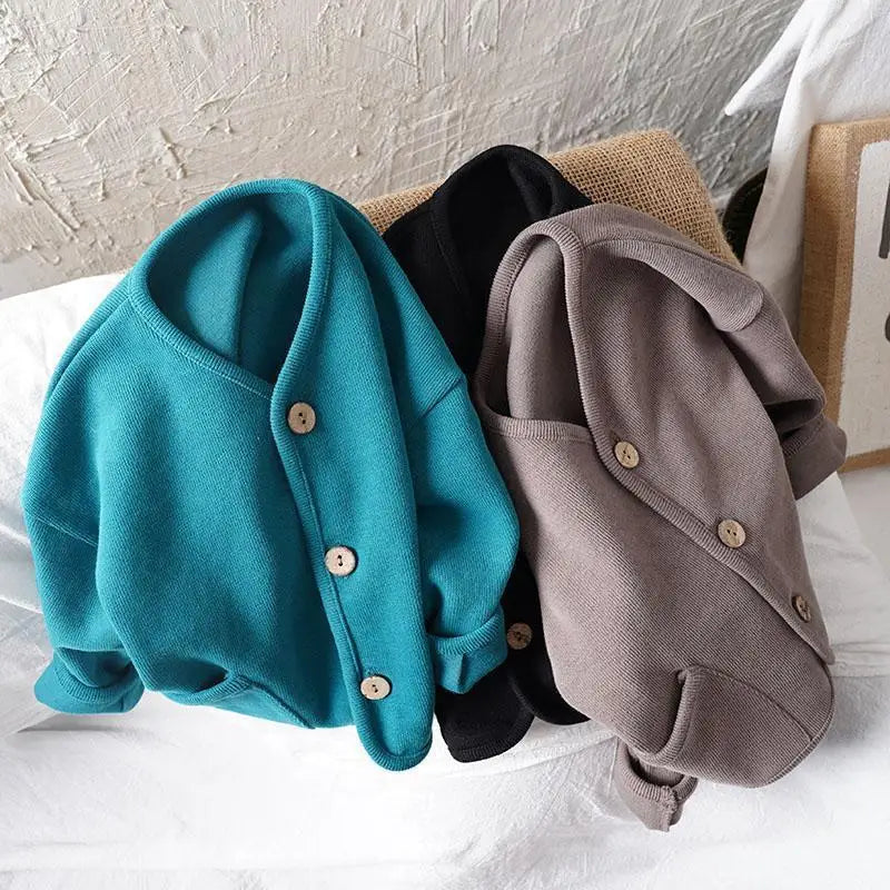 Korean 0-7Yrs Children's Loose Solid Color Long Sleeved Cardigan Autumn Style Pure Cotton Casual Top Jacket for Boys and Girls