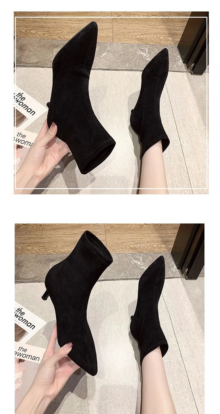 5/7/9CM Luxury Women Black Flock Sock Boots Stiletto Thin High Heels Elastic Knitting Boots Winter Stretch Fabric Ankle Boots