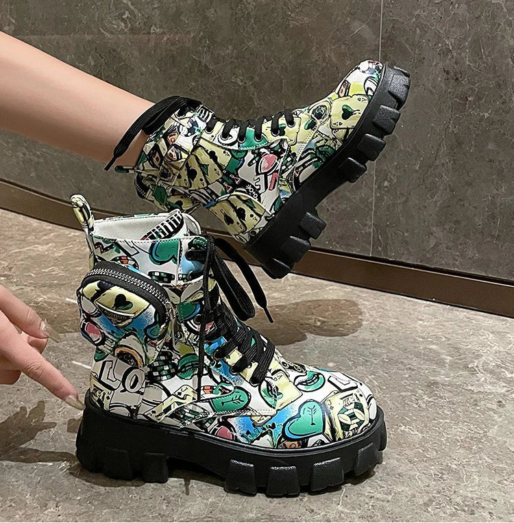 Thick-soled Women's Ankle Boots Fashion Printed Women Shoes High Quality Non-slip Motorcycle Boots New Gothic Style Women Boots