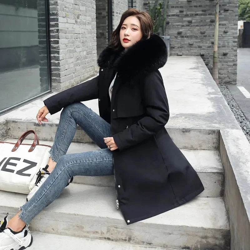 Women Winter Jacket Parka Clothes Loose Long Coat Wool Liner Hooded Jacket Fur Collar Warm Thick Snow Wear Oversize Padded Parka