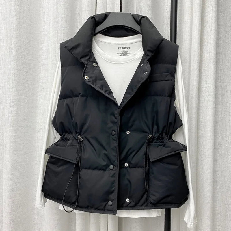 Parkas Women Vest Coats Thick Warm Sleeveless Turn Down Collar Drawstring Tight Waist Coat Single Breasted Autumn Winter