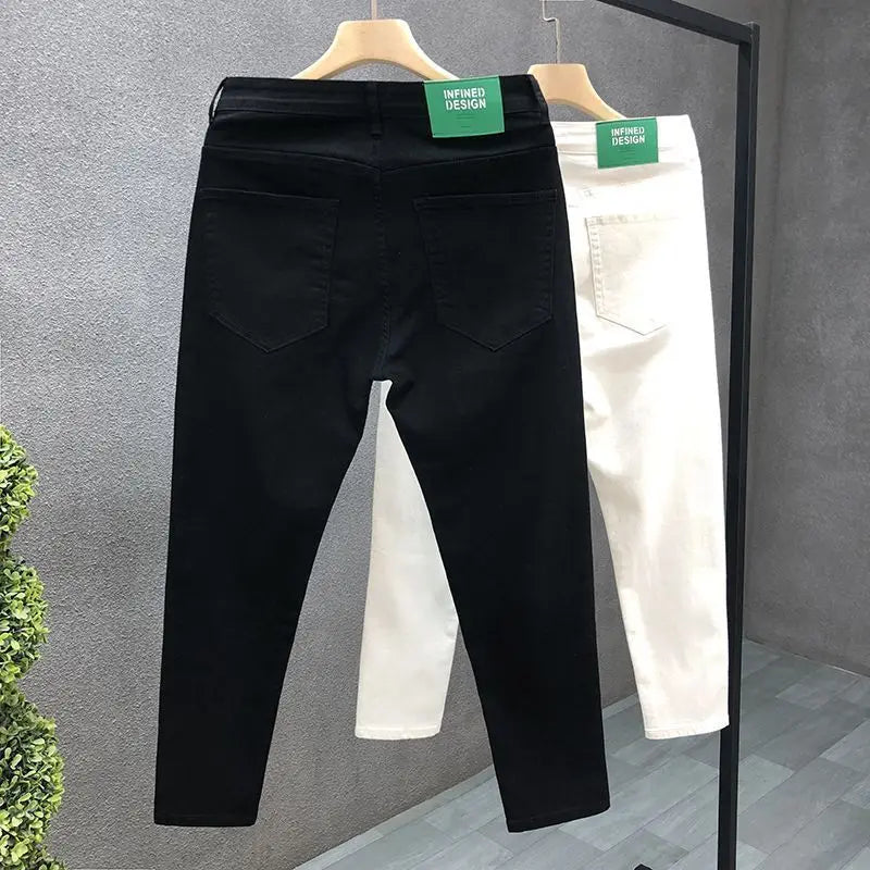 Fashion Luxury Designer Men's White Black Jeans Slim Fit Korean Style Stretch Denim Pants for Summer  Stretch  Skinny Jeans Male