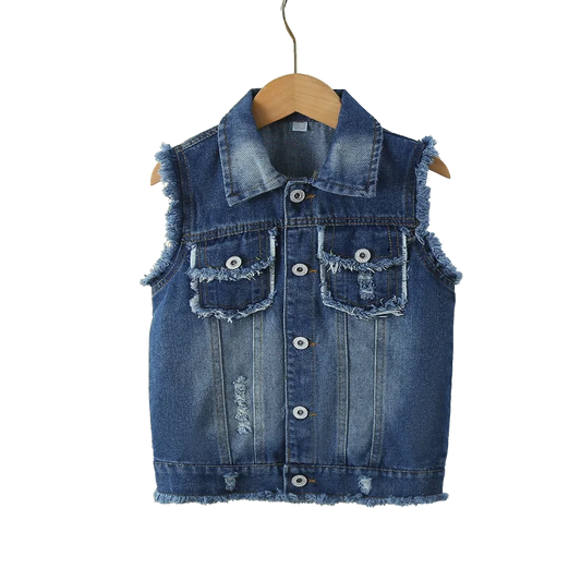 Elegant Unisex Kids Denim Waistcoat with Raw Hem for Boys Girls Casual Sleeveless Jeans Jacket Vest Child Fashion Waist Coat