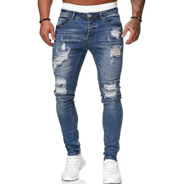Ripped Mid Waist Slim Fit Men Jeans Vintage Denim Wash Solid Punk Style Skinny Pencil Pants Distressed Holes Ankle Length