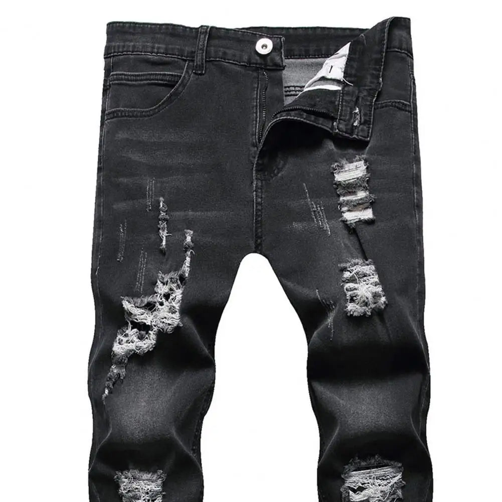 Pantalones vaqueros ajustados para hombre, elásticos, pintados, ajustados, rotos, desgastados, plisados, con parches en las rodillas, pantalones vaqueros casuales de marca para hombre