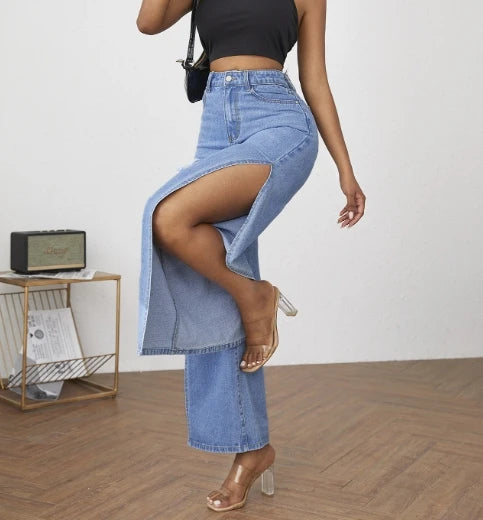 Jeans de pierna ancha para mujer 2023, nueva tendencia de personalidad, jeans largos de cintura alta, jeans rasgados con abertura sexy, pantalones de pierna ancha, pantalones largos de mezclilla