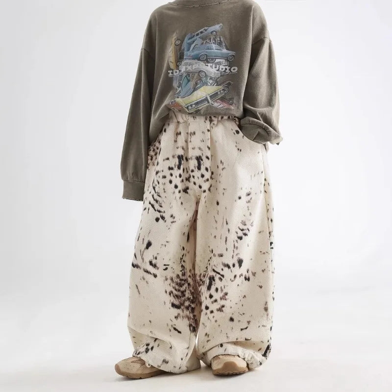 Korean Style 2-8Y Boys Jeans Spring Autumn Kids Apricot Leopard Print Casual Wide Leg Pants Children Versatile Trousers A05038