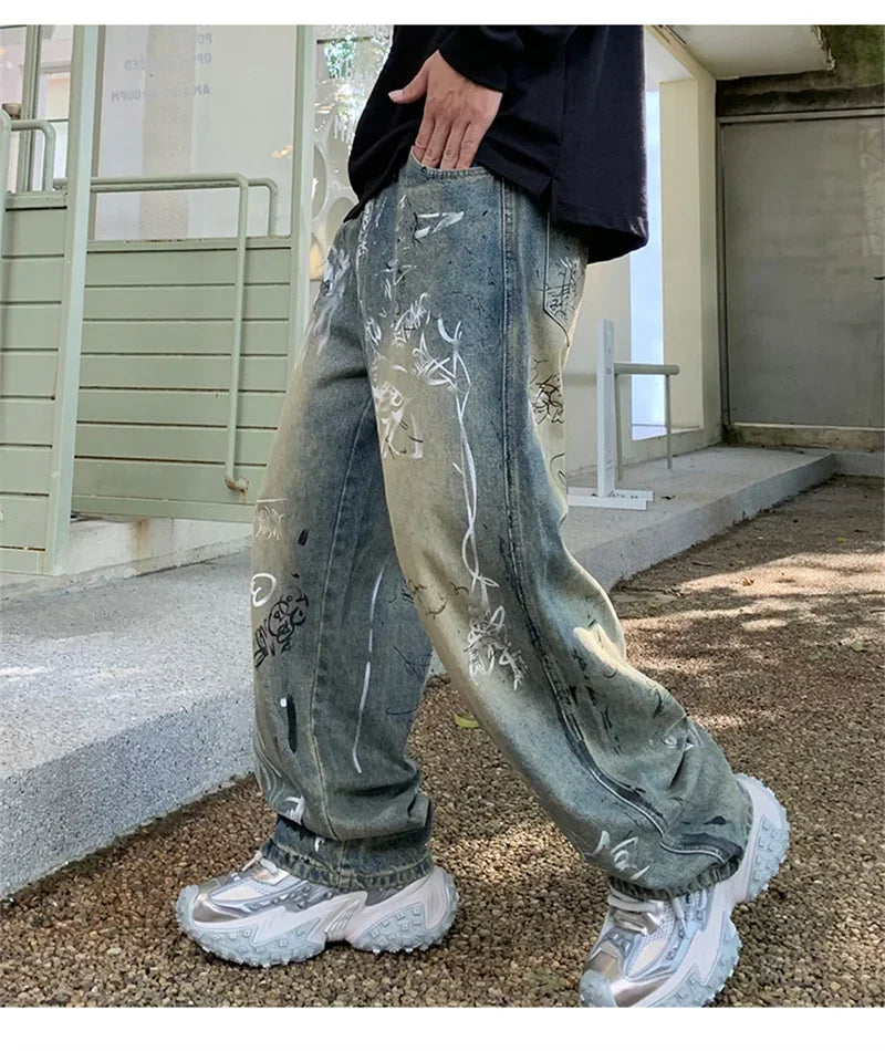 New Graffiti Printed Baggy Jeans For Men Y2K Vintage Distressed Blue Harajuku Denim Pants High Street Straight-leg Jean Trousers