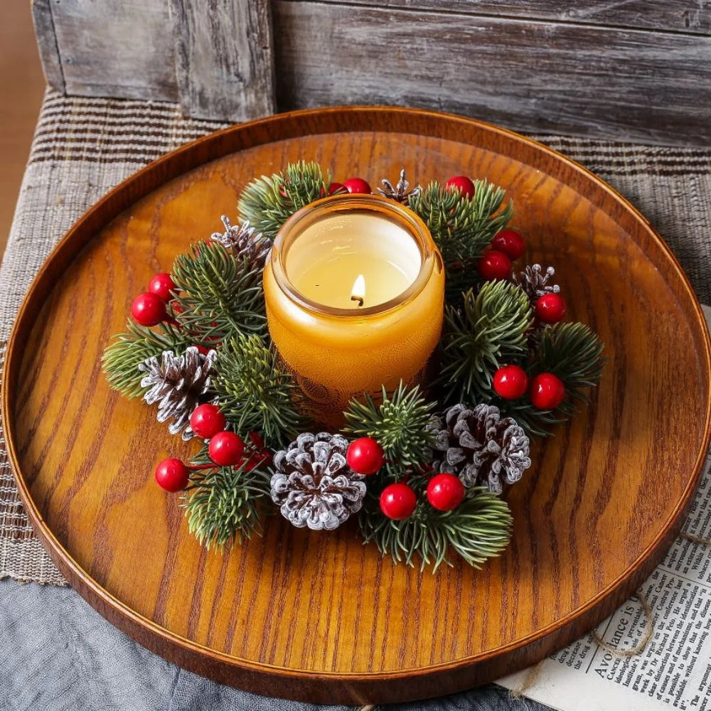 Christmas Wreath Artificial Berries Pinecone Pine Candlestick Wreaths Garland Candle Ring Table Home Party Decoration