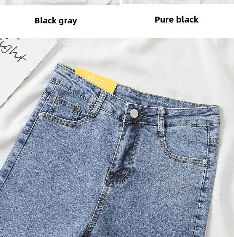 Pantalones vaqueros negros y grises para mujer, pantalones cortos adelgazantes, elegantes y versátiles, pantalones cortos para estudiantes, pantalones largos, corte entallado, silueta suavizante