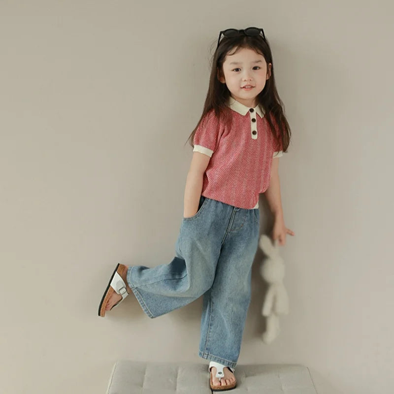 Pantalones vaqueros de cintura alta y pierna ancha para niñas de 3 a 8 años, lisos, con múltiples bolsillos y cintura elástica, pantalones vaqueros casuales de moda para niños.