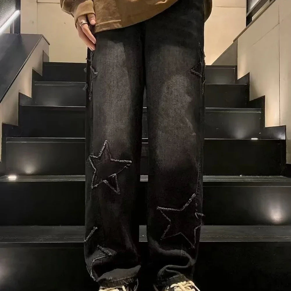 Pantalones vaqueros rectos informales con bordado de estrellas para hombre, estilo gótico, neutros, nuevos, holgados, de pierna ancha, estilo hip-hop, estilo urbano, pantalones vaqueros Y2K para hombre