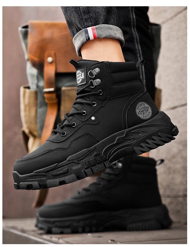 Botas de hombre de algodón, estilo británico, de caña alta, con refuerzos de PU, suela gruesa, cierre de cordones, cómodas y antideslizantes, ideales para deportes de montaña.