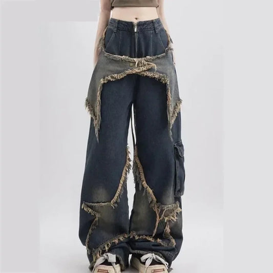 New women star stitching tassel pants American retro high street jeans loose wide leg pants trendy punk y2k pants
