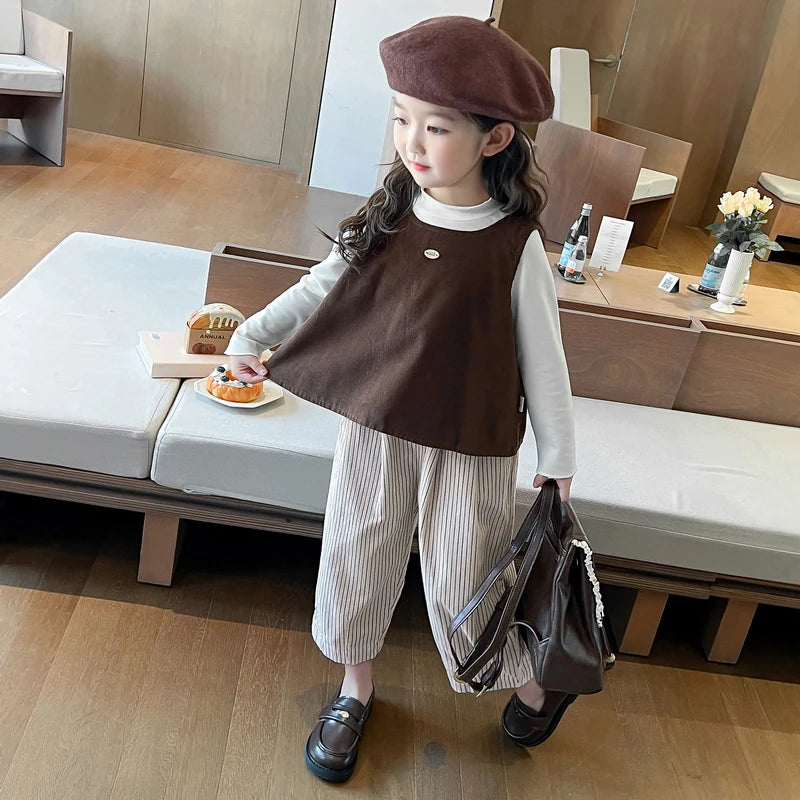 Girls Autumn Spring Clothing Set Fashion Children's Bow Tie Vest + Undershirt + Wide-Leg Pants Three-Piece Set 2025 New