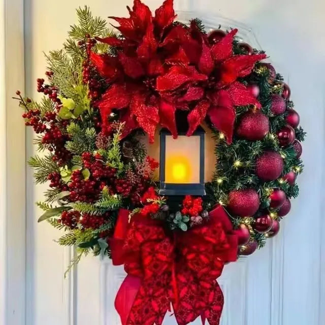 40cm Christmas Wreath With Lantern Front Door Garland With Large Bow Seasonal Ornament Christmas Decoration For Front Door Wall
