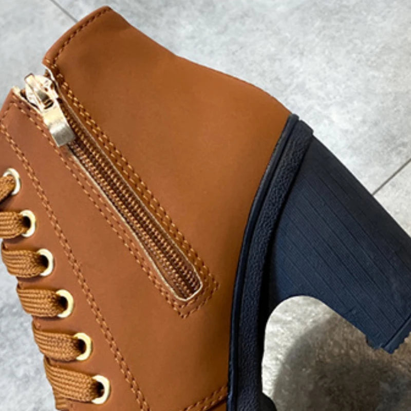 Women Boots Lace Up Ankle Boots Spring Fashion Outdoor Pumps Boots Black Buckle High Heel Boot Plus Size Platform Women Shoes