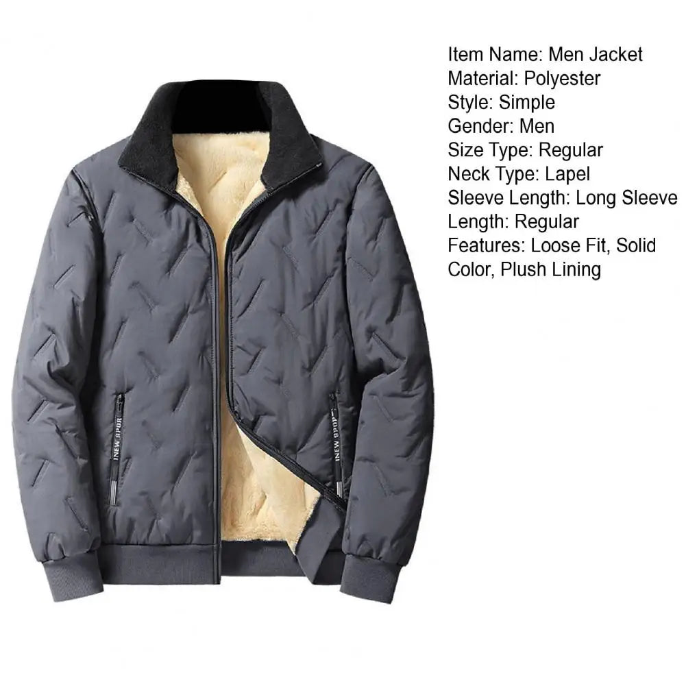 Embossed Lines Jacket Men Jacket Men's Embossed Lines Lapel Jacket with Zipper Pockets Elastic Hem Plush Lining Coat for Warmth