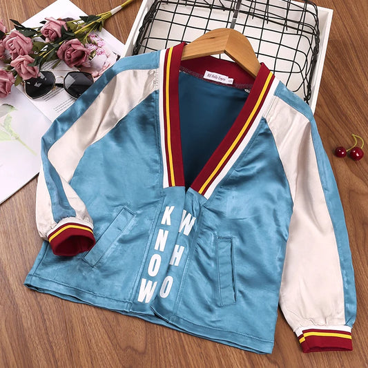 Girls' Spring And Fall Outerwear Wide Color Block V-Neck Jacket Red And Yellow 8-12 Years Old with White Patchwork Detail
