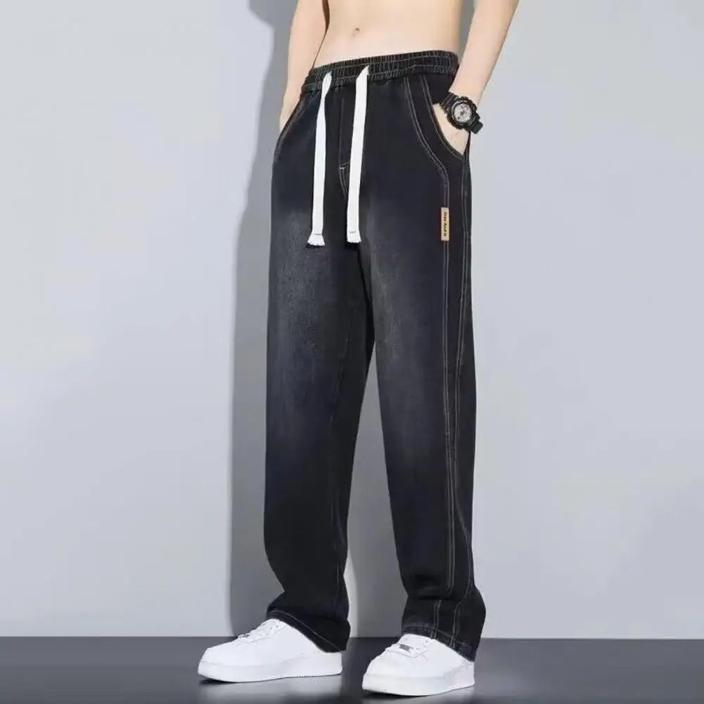 Men Elasticated Waist Jeans Men's Elastic Waist Drawstring Denim Pants Casual Straight Leg Jeans with for Summer for Comfort