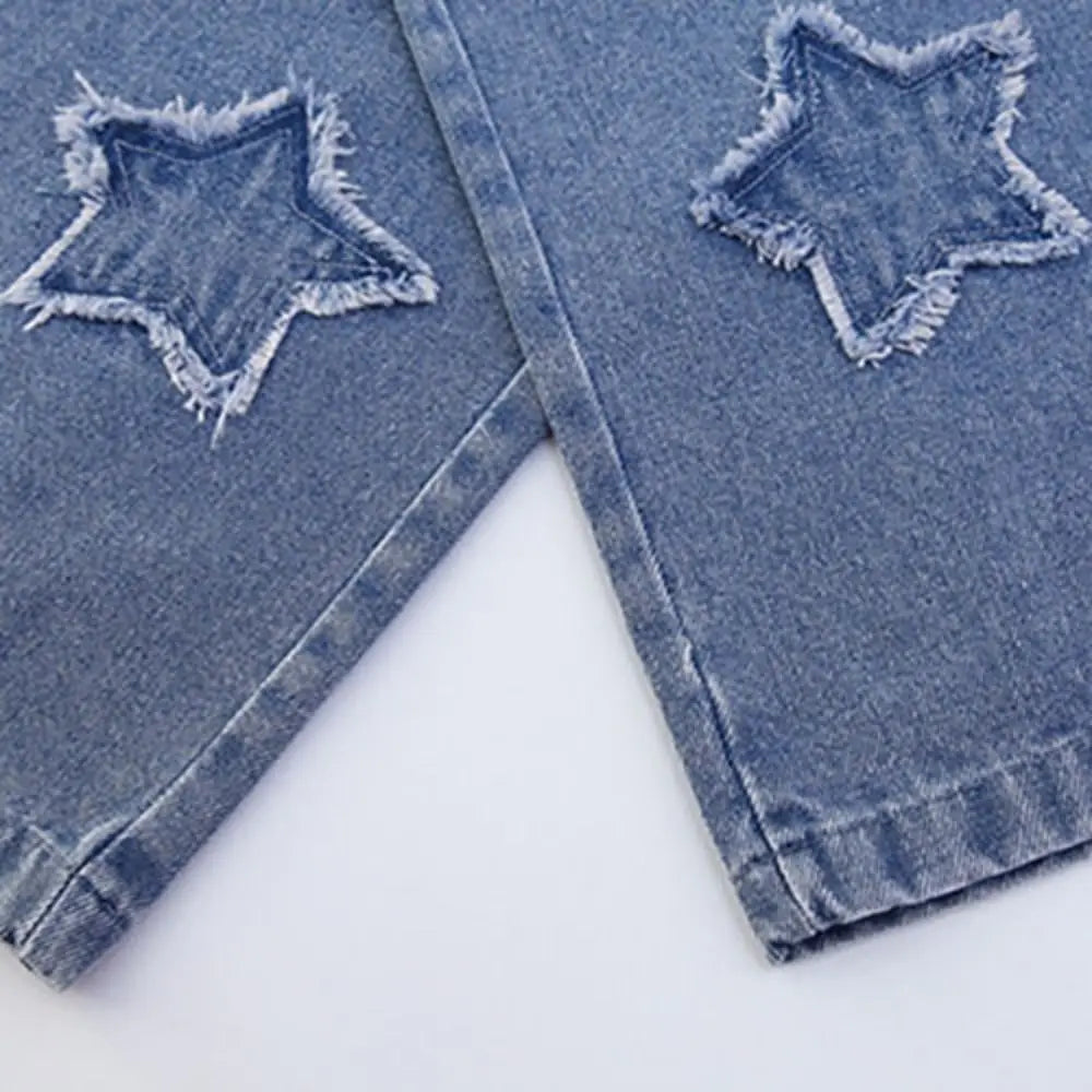 Embroidered Stars Teens Girl Jeans Loose High Waist Children Y2K Jeans Wide Leg Cowboy Pants Girls Denim Trousers Streetwear