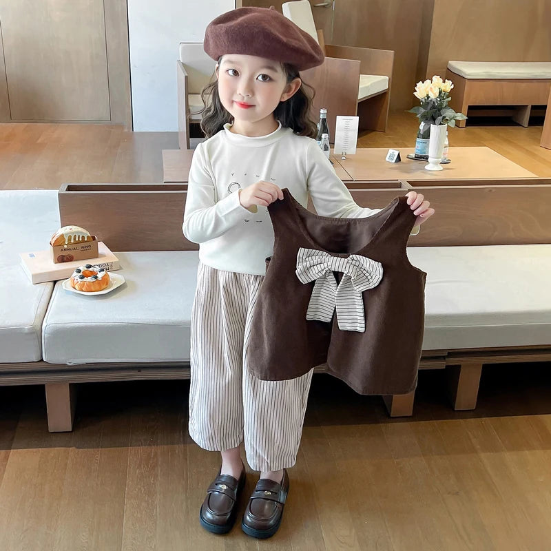 Girls Autumn Spring Clothing Set Fashion Children's Bow Tie Vest + Undershirt + Wide-Leg Pants Three-Piece Set 2025 New