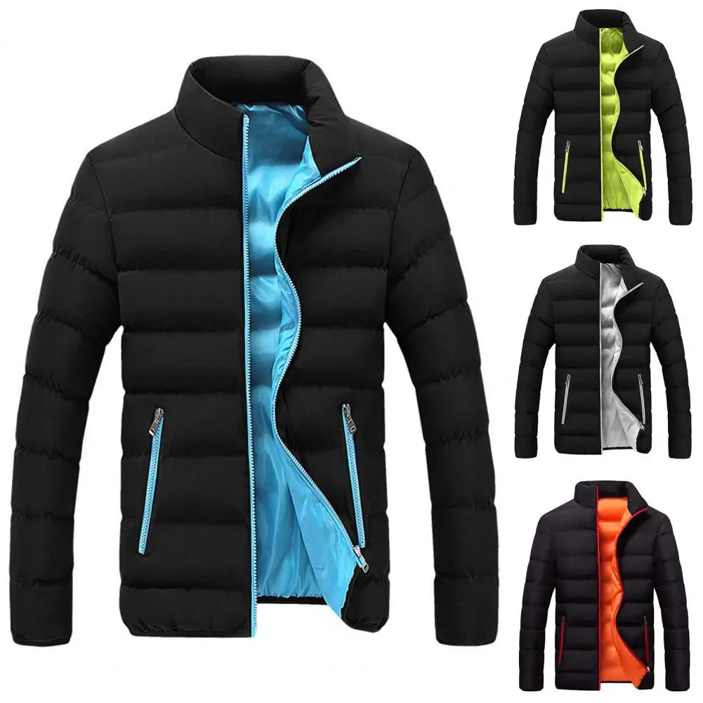 Parkas Zipper Pockets Long Sleeve Men Padded Cotton Coat Zipper Closure Stand Collar Slim Male Puffer Coat Male Windbreaker