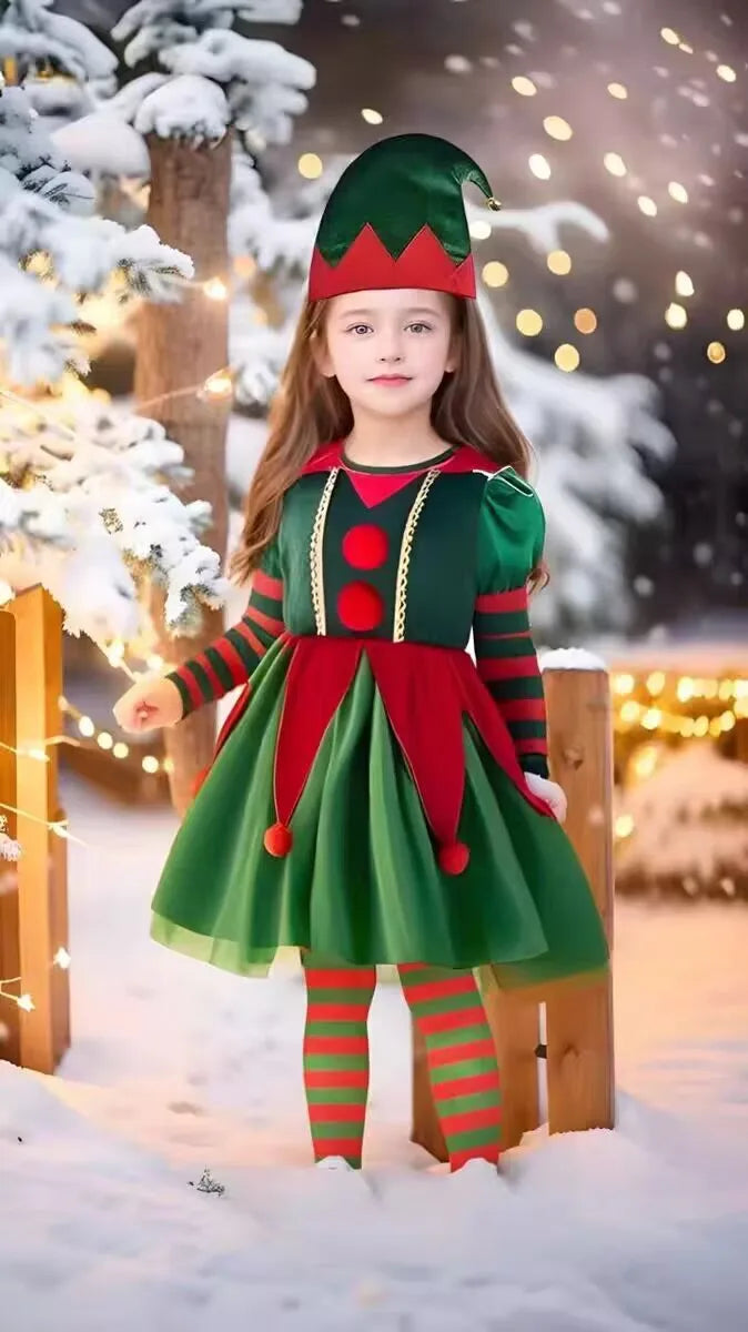 Déguisements de lutin de Noël pour filles et maman, ensemble deux pièces assorti (robe, chapeau, chaussettes, chaussures et ceinture). Cadeau idéal pour les fêtes.