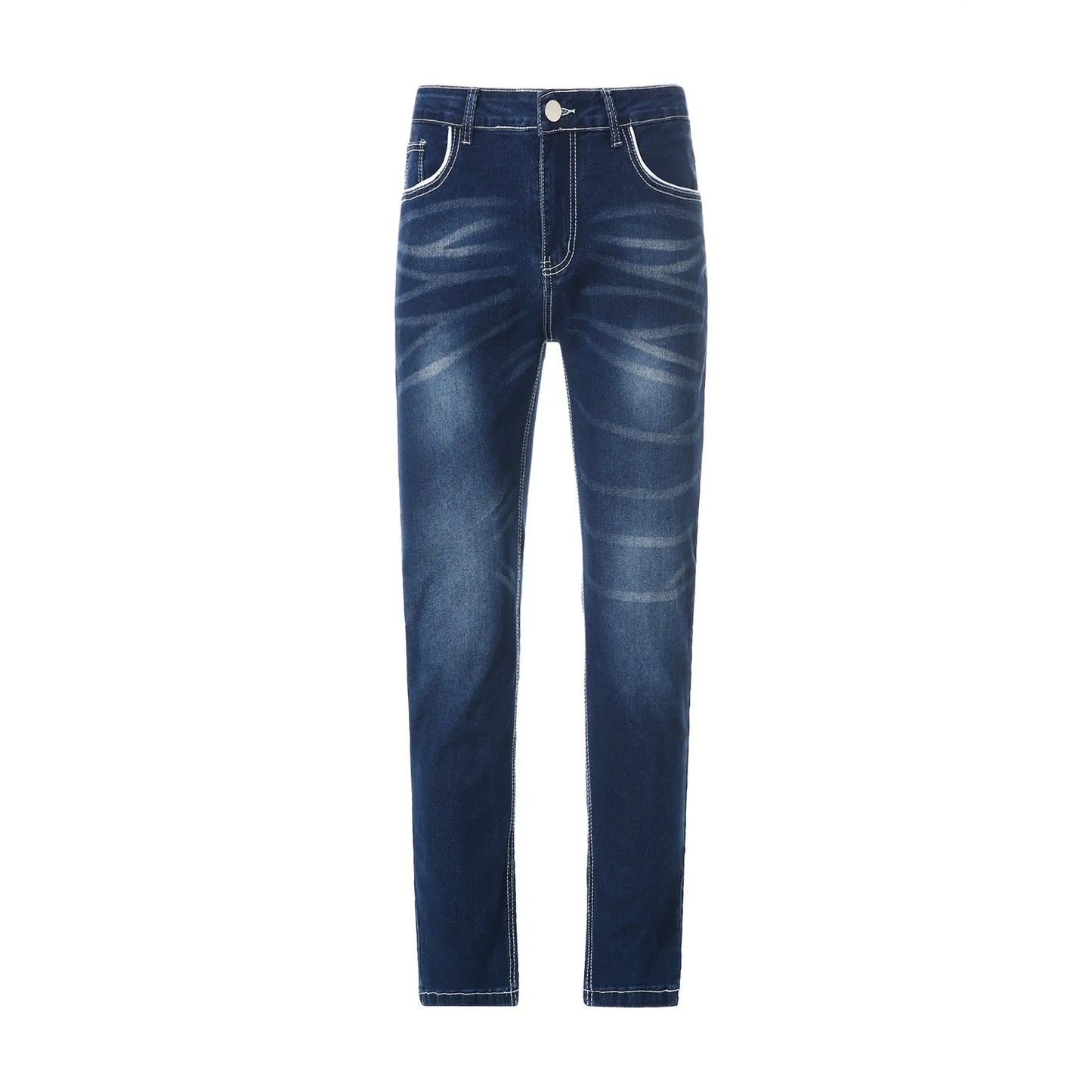 Vintage Men Jean Denim Pants Washed Pockets Mid Waist Zipper Fly Loose Fit Punk Style Distressed Ankle Length Straight Jeans