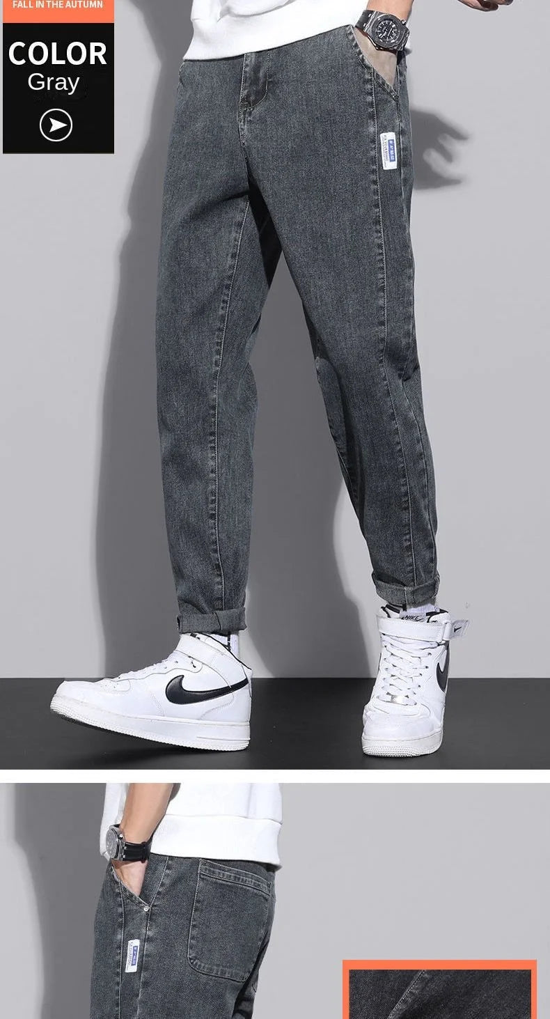 2024 New Arrival Drawstring Gym Clothing Men's Loose Cowboy Leg Jeans Spring Autumn Denim Casual Harem Pants Youth Trendy Jeans