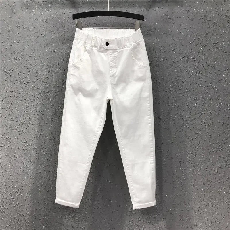2025 Fashion Summer Women Harem Pants All-matched Casual Cotton Denim Pants Elastic Waist Solid Yellow White Jeans Female 3XL