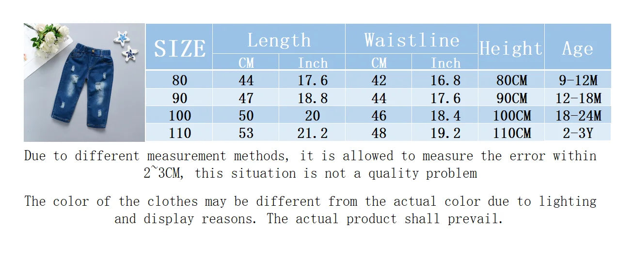 Children's Jeans Baby Girl's Fashion Pants with Holes Cute Children's Soft Denim Casual Pants
