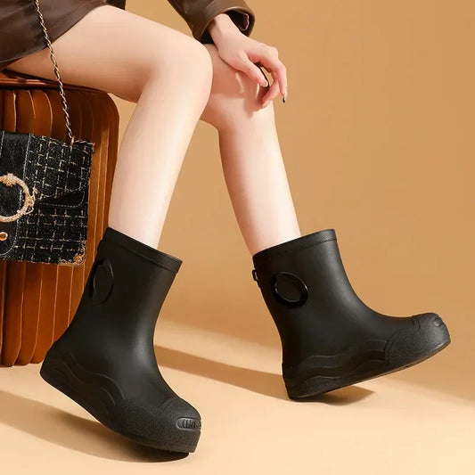 Classic Pure Black Women's Rain Boots Waterproof Shoe Heightening Tool Summer Trendy Wading Shoe PVC Material