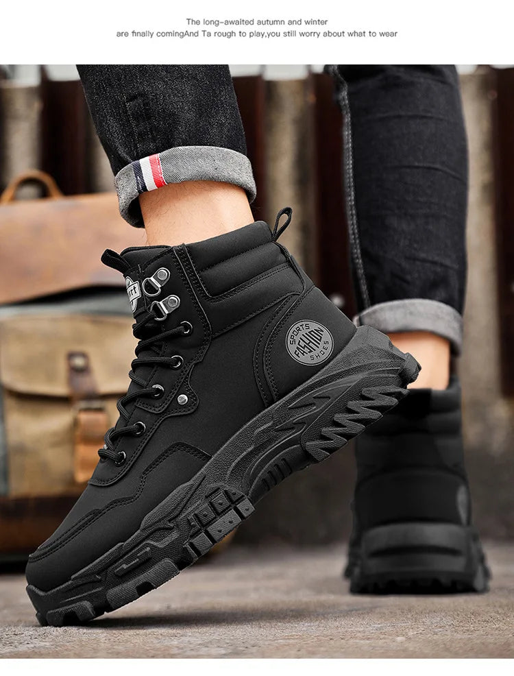 Botas de hombre de algodón, estilo británico, de caña alta, con refuerzos de PU, suela gruesa, cierre de cordones, cómodas y antideslizantes, ideales para deportes de montaña.