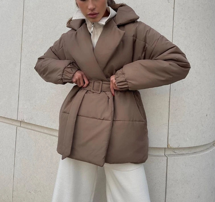 Autumn Women's Clothes with Thick Collars and Waist Cinched Cotton Jackets Look Slim Solid Color Cotton Jackets for Women