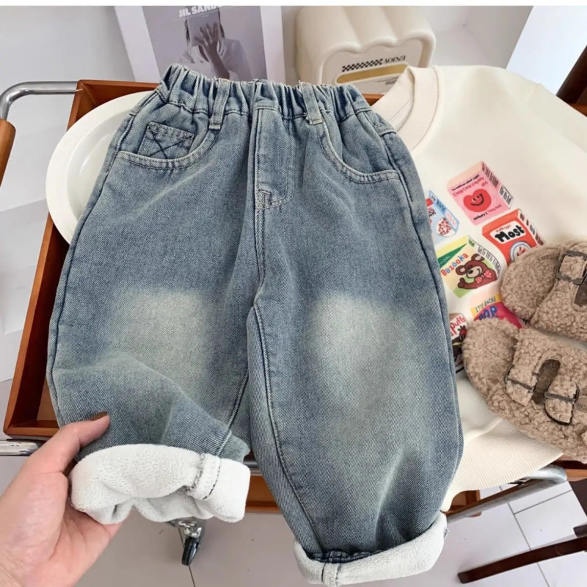 New Boys' All in One Fleece Jeans Autumn and Winter Children's Stylish Warm Pants Kids Handsome Elastic Trousers