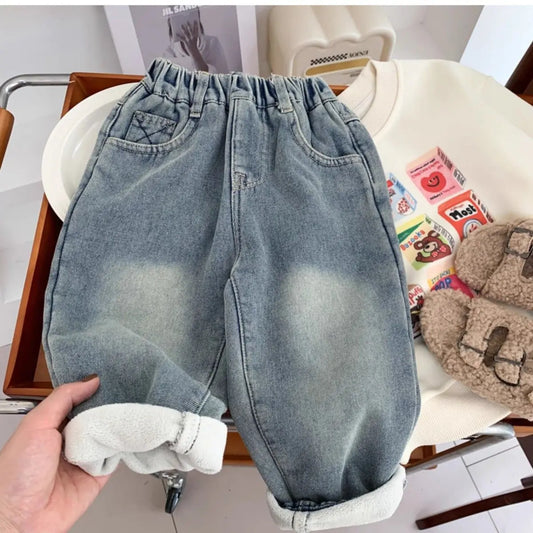 New Boys' All in One Fleece Jeans Autumn and Winter Children's Stylish Warm Pants Kids Handsome Elastic Trousers