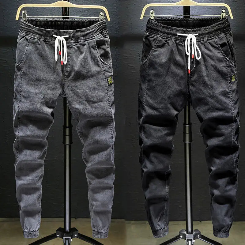 Pantalones vaqueros de mezclilla con cordón ajustable para hombre, versátiles, de moda para otoño, con cintura elástica, estilo harén, informales, para exteriores, 2022