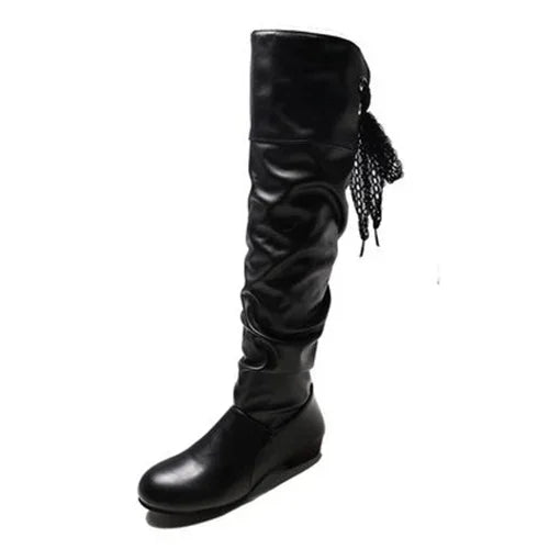 Shoes For Women Spring Knee High Boots Red Black White Tall Boots Woman Pleated Low Heel Casual Leather Female Long Shoes