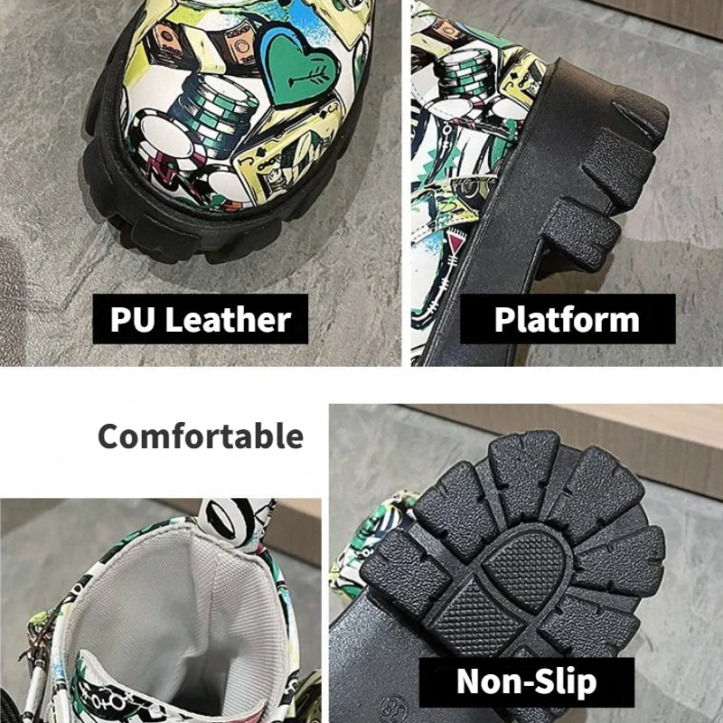 Thick-soled Women's Ankle Boots Fashion Printed Women Shoes High Quality Non-slip Motorcycle Boots New Gothic Style Women Boots