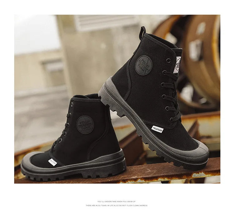 Nouvelles bottes montantes tendance pour hommes, confortables et décontractées, idéales pour l'extérieur, la jungle et l'alpinisme. Bottes à plateforme larges.