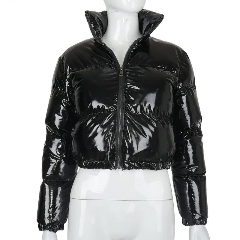 European and American Solid Color Mirror Pu Leather Down Jacket, Womens' Winter New Short Zippered Stand-up Collar Padded Jacket
