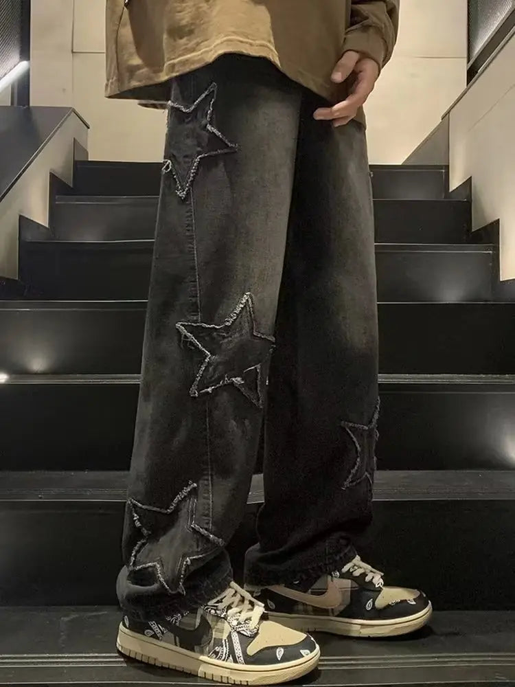 Pantalones vaqueros rectos informales con bordado de estrellas para hombre, estilo gótico, neutros, nuevos, holgados, de pierna ancha, estilo hip-hop, estilo urbano, pantalones vaqueros Y2K para hombre
