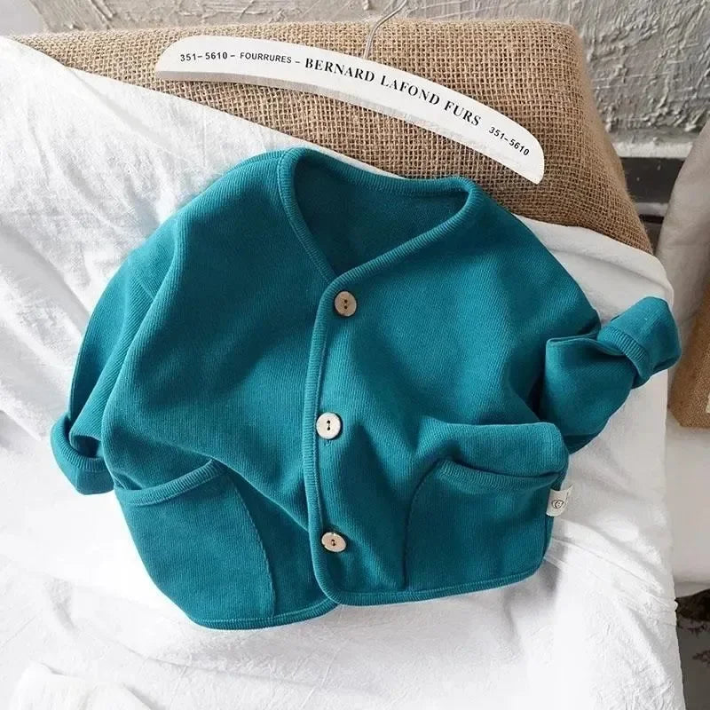Korean 0-7Yrs Children's Loose Solid Color Long Sleeved Cardigan Autumn Style Pure Cotton Casual Top Jacket for Boys and Girls