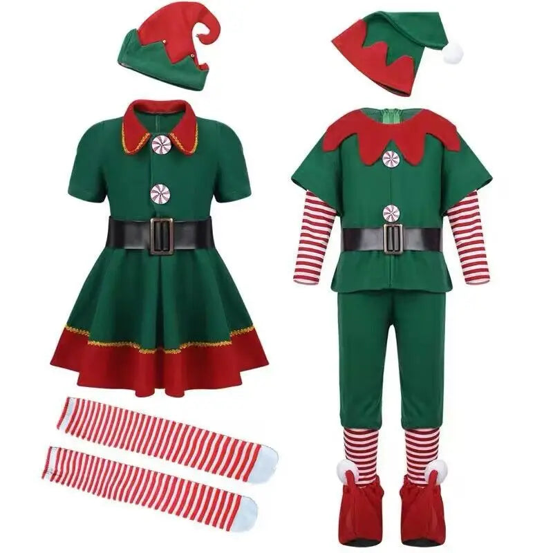 2025Christmas elf costumes, Santa Claus costume sets green elves Halloween cosplay