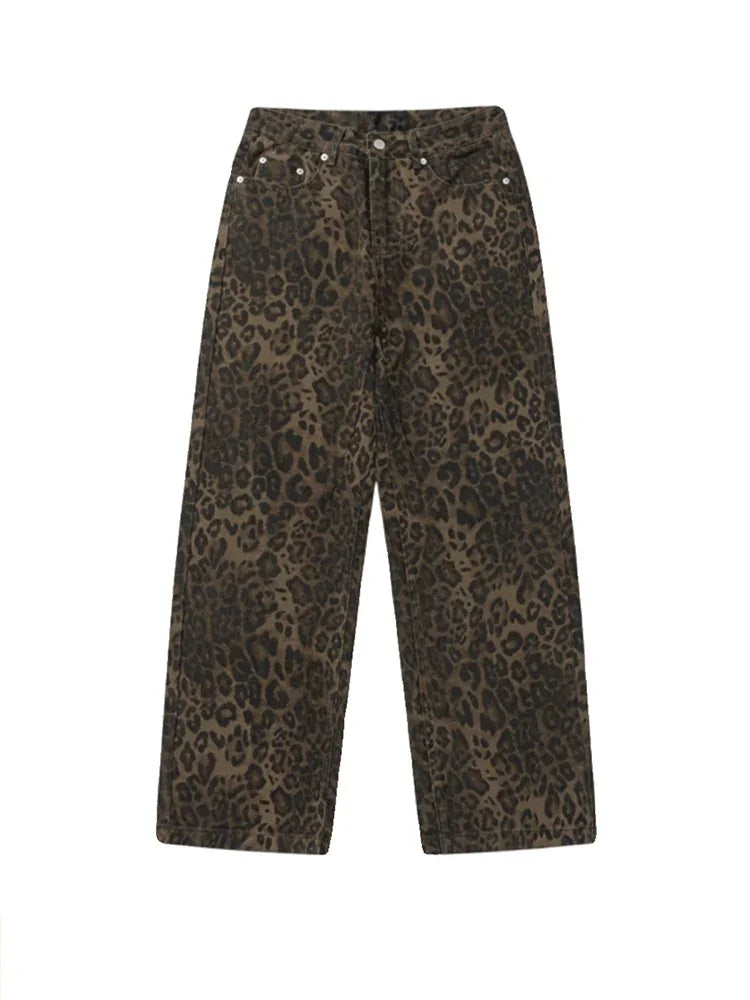Baggy Leopard Jeans Coquette y2k clothes Women High Waisted Casual Wide Leg Denim Pants Fashion Streetwear Retro Straight Jeans