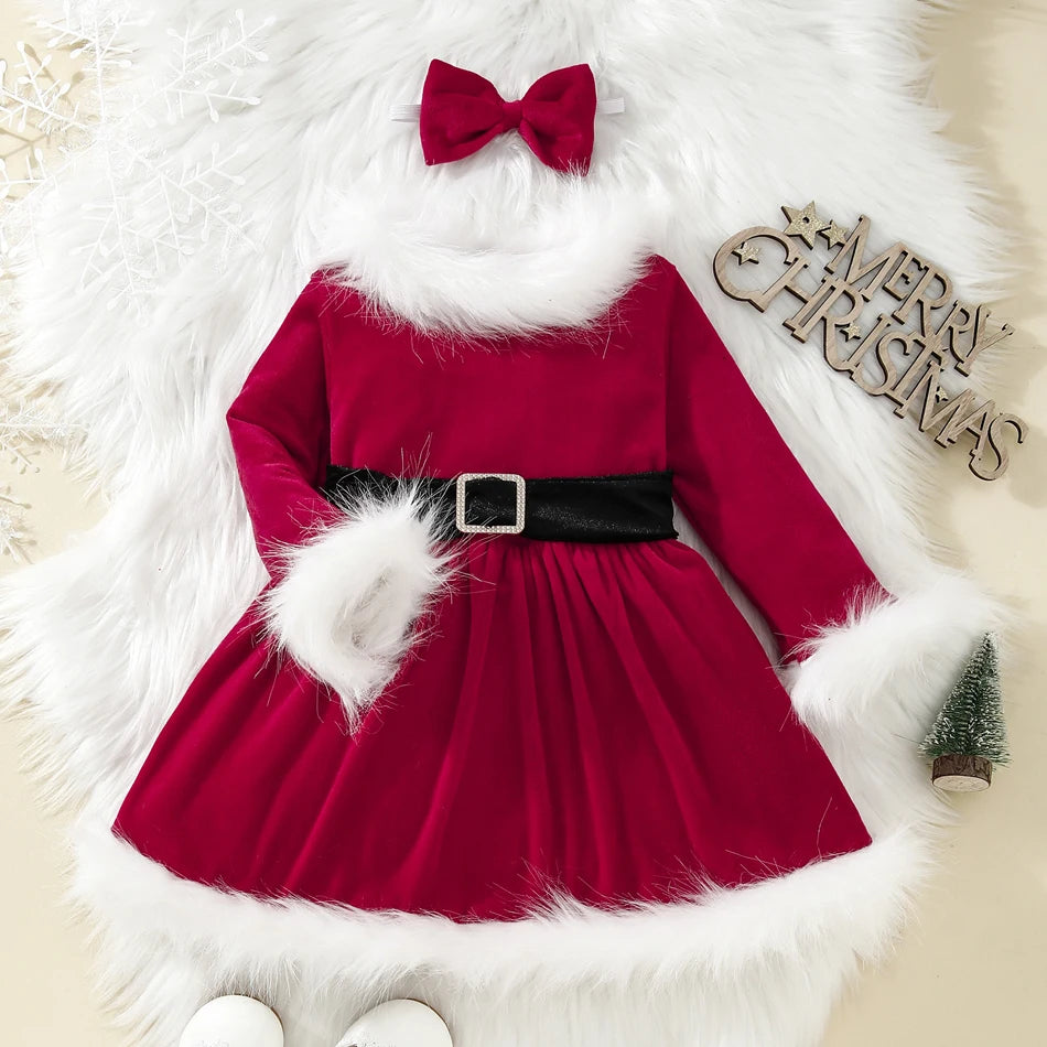 Children Christmas Party Dress Velvety with Fluffy Trim Hooded V-Neck Xmas Gown with Waist Bow Girl Red Christmas Dress