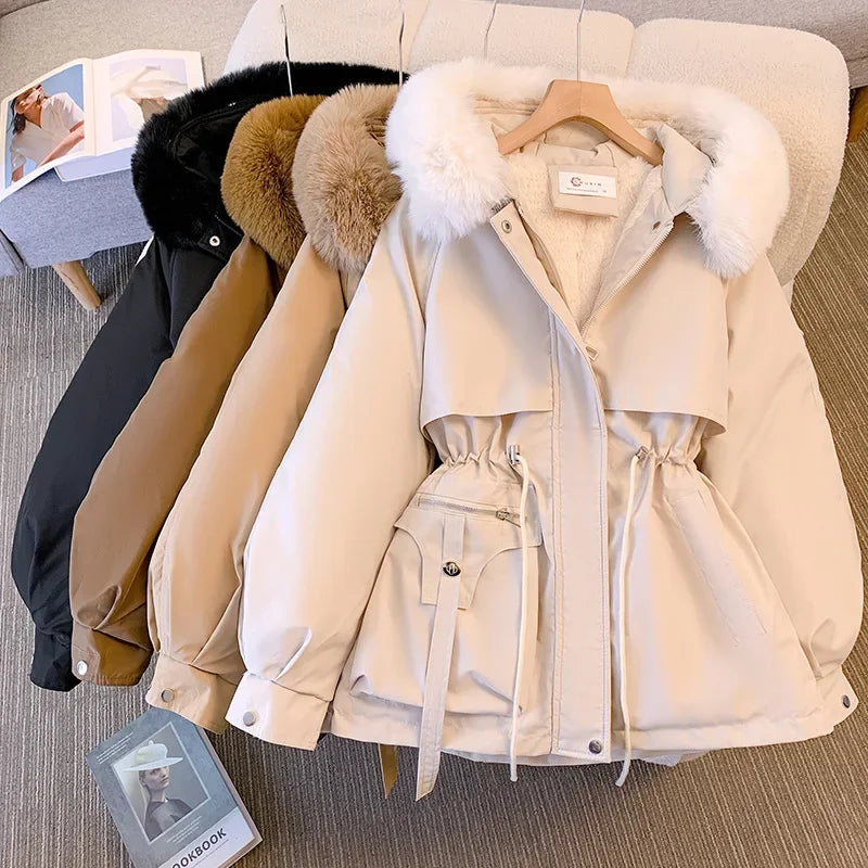 Fur Hooded Women Thick Parkas Zipper Autumn Coats Elastic Waist Midi Jackets Pockets Coats Elegant Coat Warm Winter 2024