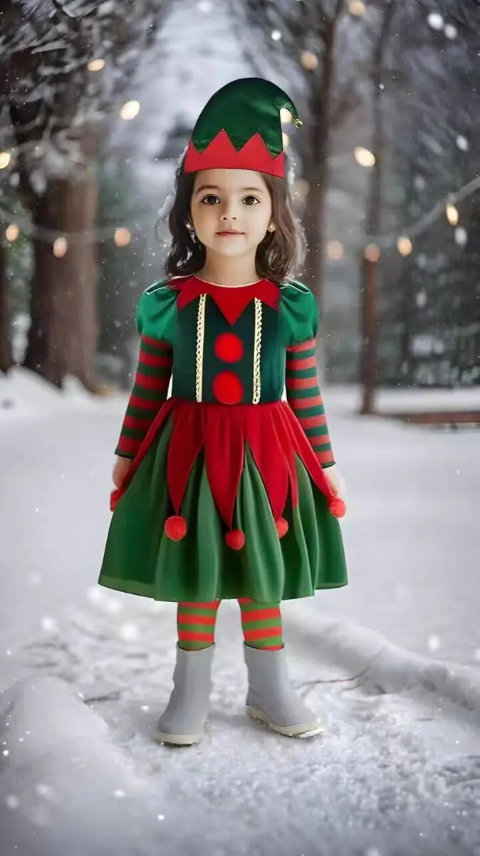 Déguisements de lutin de Noël pour filles et maman, ensemble deux pièces assorti (robe, chapeau, chaussettes, chaussures et ceinture). Cadeau idéal pour les fêtes.
