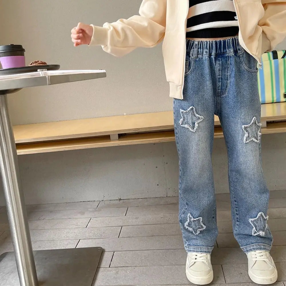 Embroidered Stars Teens Girl Jeans Loose High Waist Children Y2K Jeans Wide Leg Cowboy Pants Girls Denim Trousers Streetwear